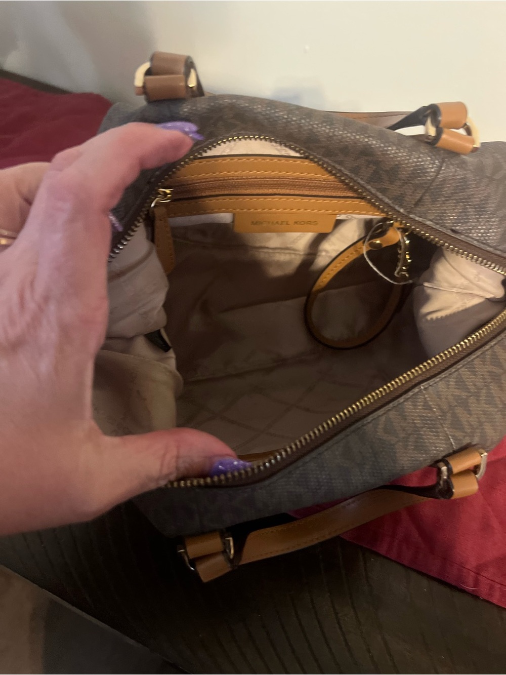 Michael Kors Brown Logo Satchel with Tan Leather Trim - Picture 4 of 5